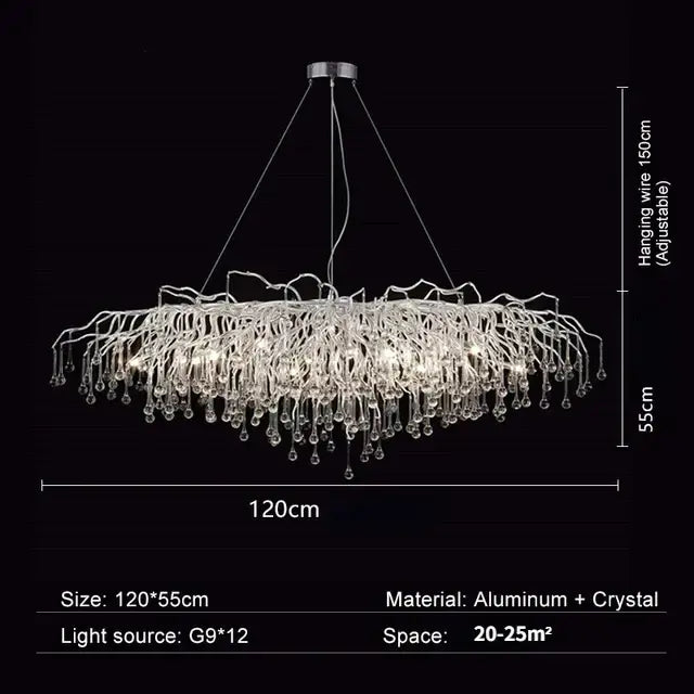 Modern chrome chandelier with crystal water drop design and clear droplets on aluminum frame for living room lighting