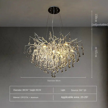 Modern chrome crystal water drop branch chandelier with clear crystal and aluminum for living room lighting