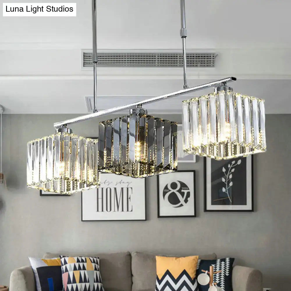 Modern chrome cube island ceiling light with three cascading crystal prisms and warm-toned led ceiling light for dining room