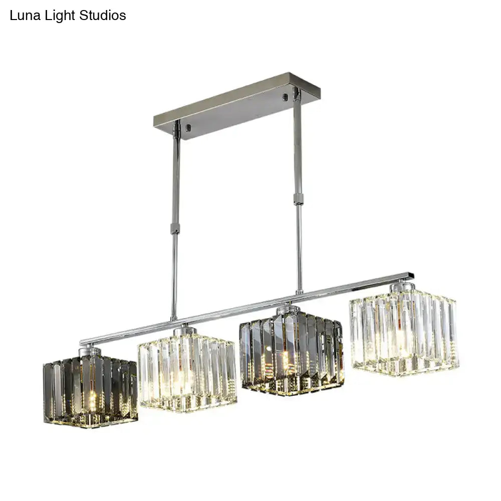 Modern chrome cube island ceiling light with four rectangular crystal glass shades for dining room ceiling light