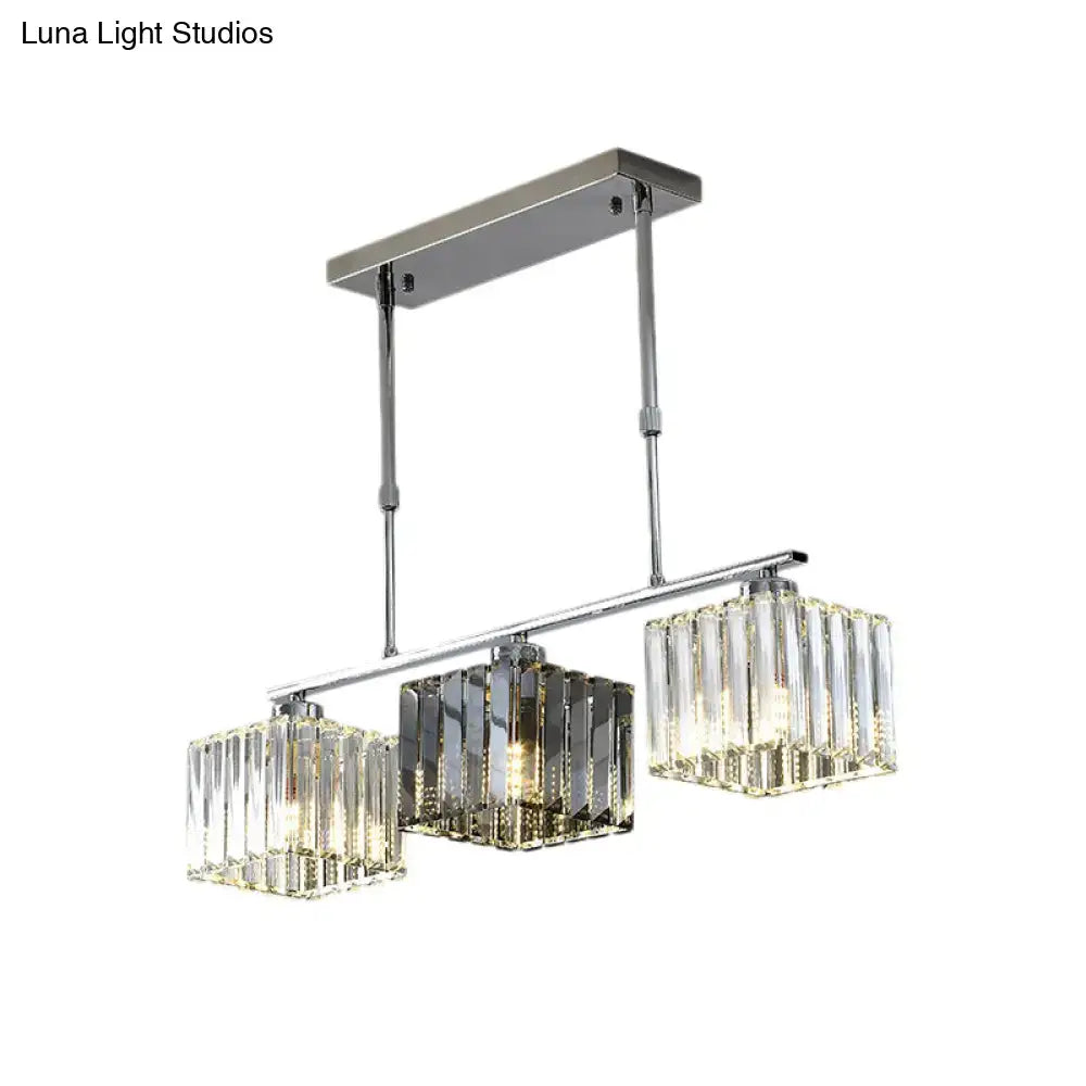 Modern chrome cube island ceiling light with three rectangular crystal glass shades for dining room ceiling light