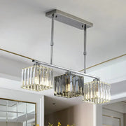 Modern chrome cube island ceiling light with three rectangular crystal shades for dining room ceiling light