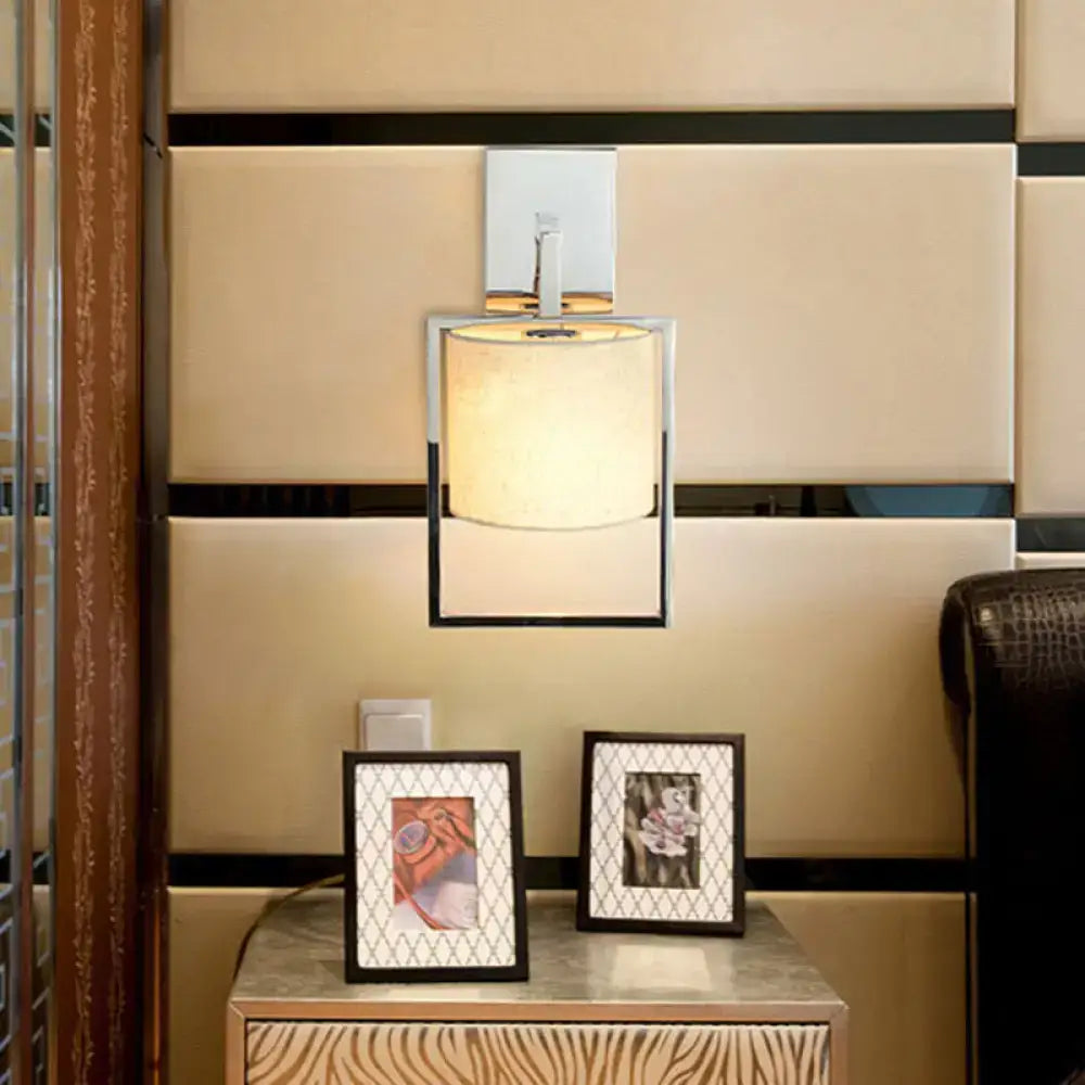 Modern chrome sconce light with a polished chrome frame and beige fabric shade for bedroom e26 e27 light fixture