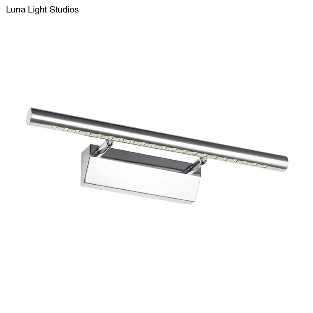 Modern chrome cylinder vanity lighting led bathroom wall sconce with a sleek rectangular base and elongated light bar