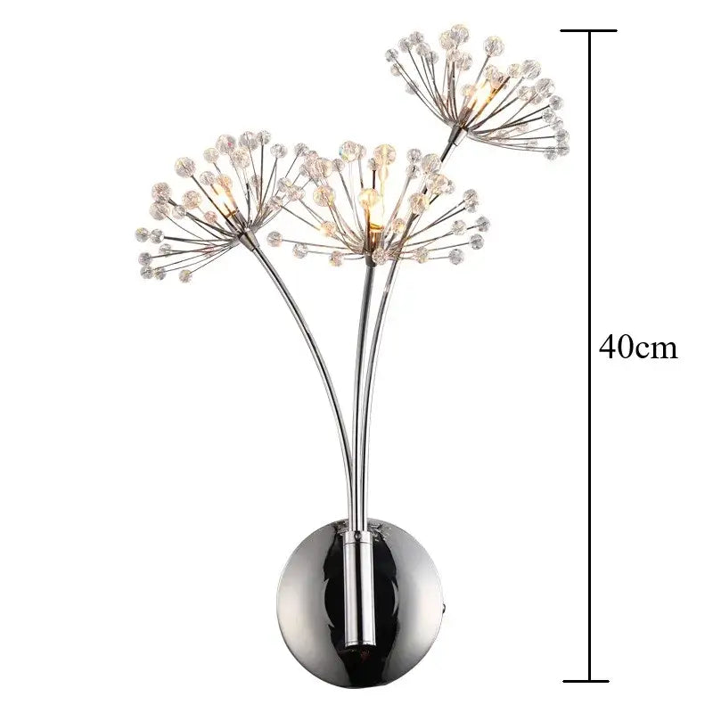 Modern chrome dandelion crystal flower wall lamp with three clear crystal bead clusters for bedroom decorbites dandelion crystal sconce 40cm tall