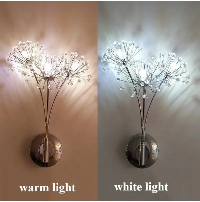 Modern chrome dandelion crystal flower wall lamp with silver metallic base and crystal accents for bedroom decorbites dandelion crystal