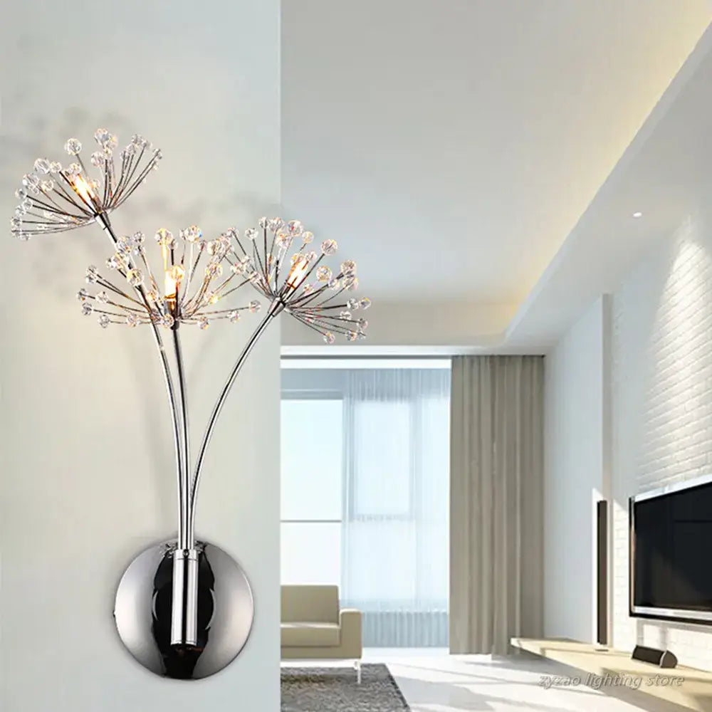 Modern chrome dandelion crystal flower wall lamp with three sparkling crystal arms for elegant bedroom decorbites sconce