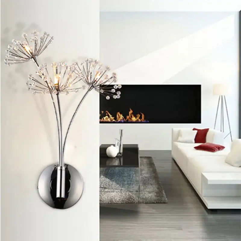 Modern chrome dandelion crystal flower wall lamp with three sparkling crystal arms for bedroom decorbites dandelion crystal