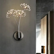 Modern chrome wall lamp featuring three delicate decorbites dandelion crystal flower branches for bedroom decor