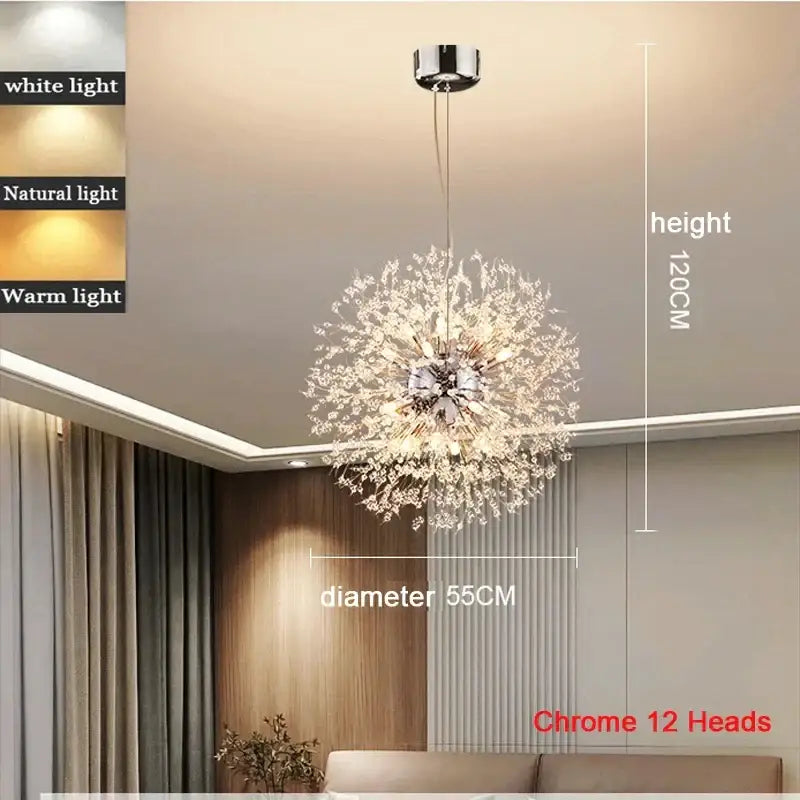 Modern chrome dandelion pendant light with 12 heads featuring polished chrome and clear acrylic beads for bedroom use