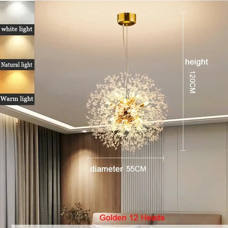 Modern chrome pendant light with golden dandelion design, 12 light heads, clear acrylic beads, and polished chrome finish