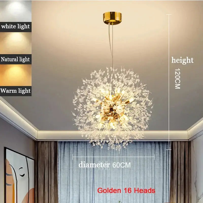 Modern chrome dandelion pendant light with polished chrome finish 16 crystal heads and clear acrylic beads for bedroom