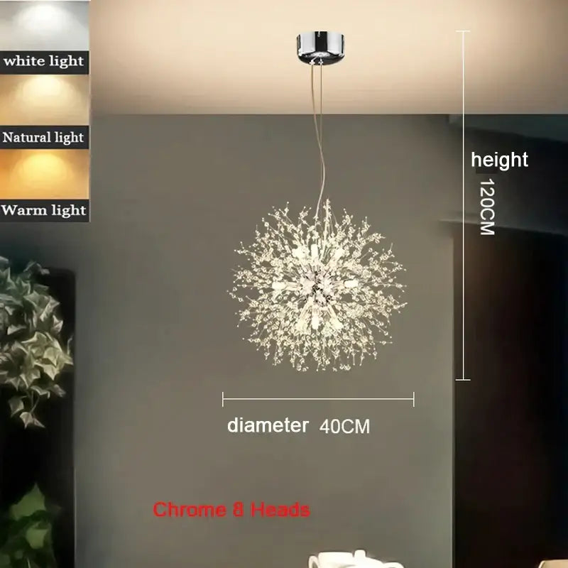 Modern chrome dandelion pendant light with polished chrome finish and clear acrylic beads for bedroom lighting