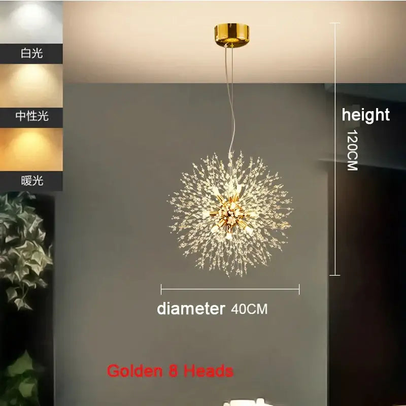 Modern chrome pendant light with a golden starburst design featuring clear acrylic beads and polished chrome accents for bedroom