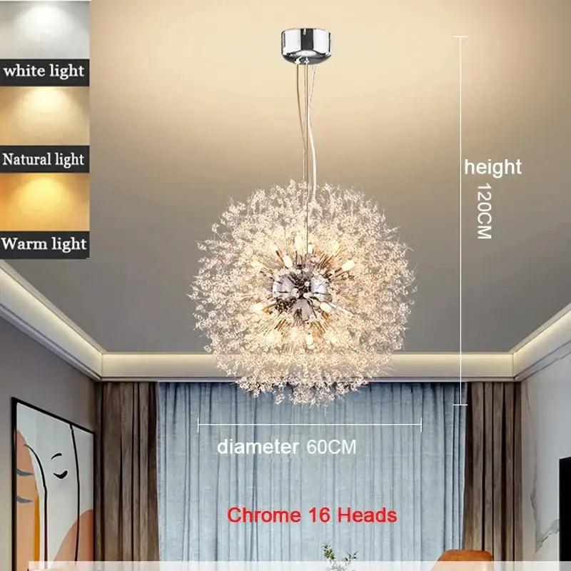 Modern chrome dandelion pendant light with 16 heads polished chrome and clear acrylic beads for bedroom use