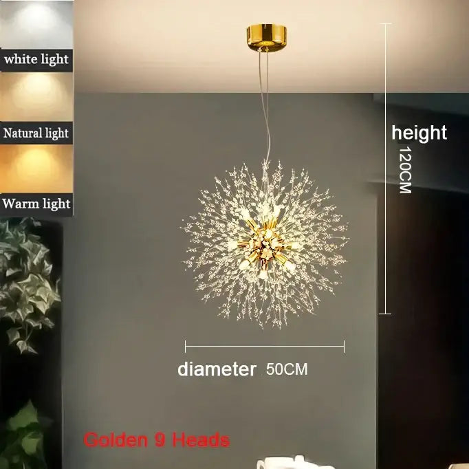 Modern chrome pendant light with golden dandelion design, clear acrylic beads, and nine central light heads for bedroom use