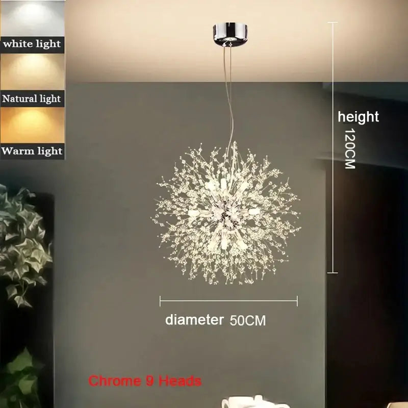 Modern chrome dandelion pendant light with 9 heads, polished chrome finish, and clear acrylic beads for bedroom lighting