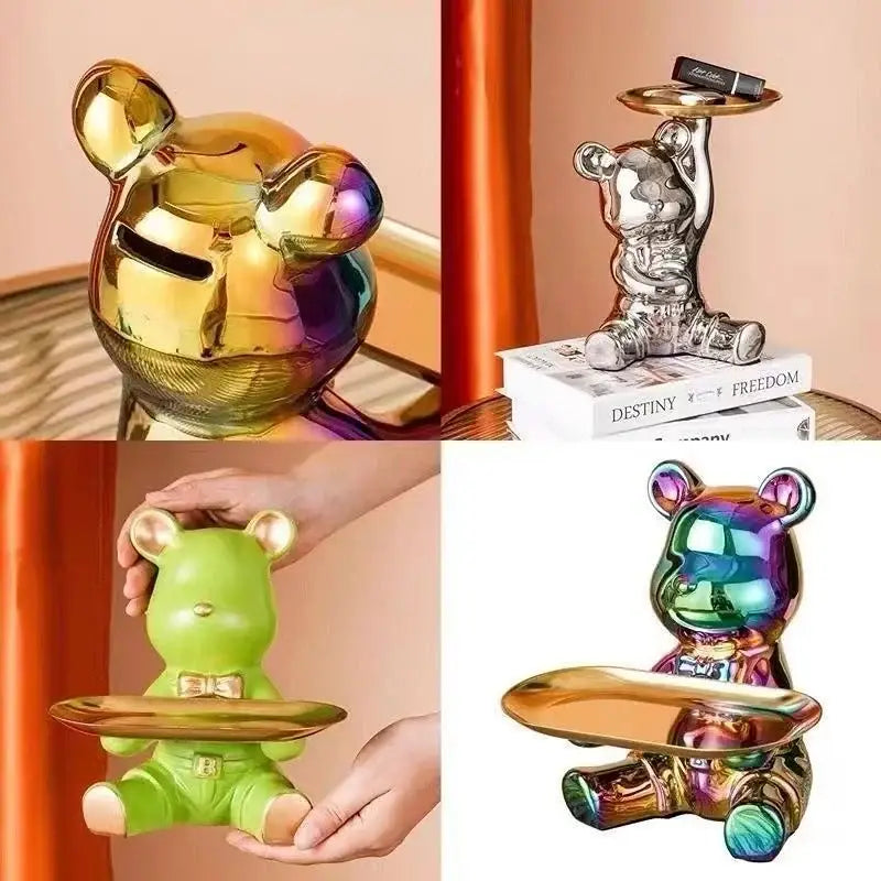 Shiny iridescent chrome decorbites bear doll storage tray with metallic tray for living room key holder and doll storage