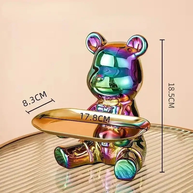 Iridescent ceramic decorbites bear doll with gold-colored doll storage tray for living room key holder 18.5cm tall 17.8cm wide