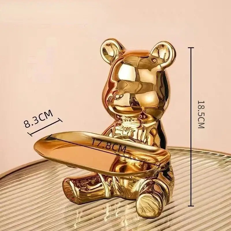 Golden glossy ceramic decorbites bear doll storage tray with smooth reflective surface for living room key holder