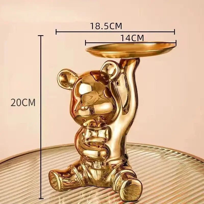 Modern chrome decorbites bear doll storage tray in gold with shiny metallic finish for living room key holder use