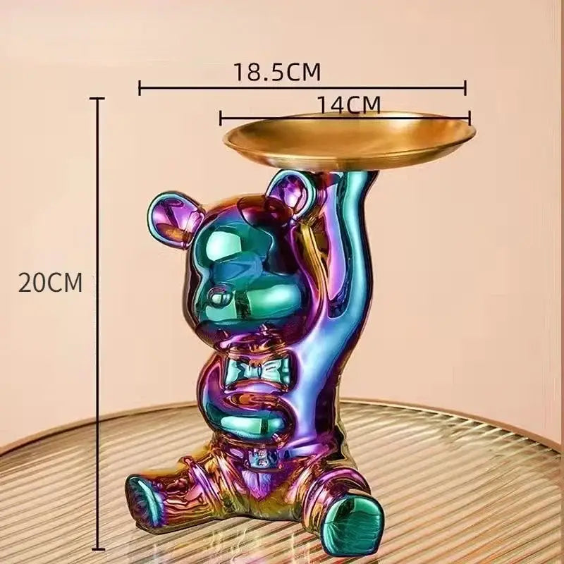 Iridescent chrome decorbites bear doll holding a golden doll storage tray for living room key holder use