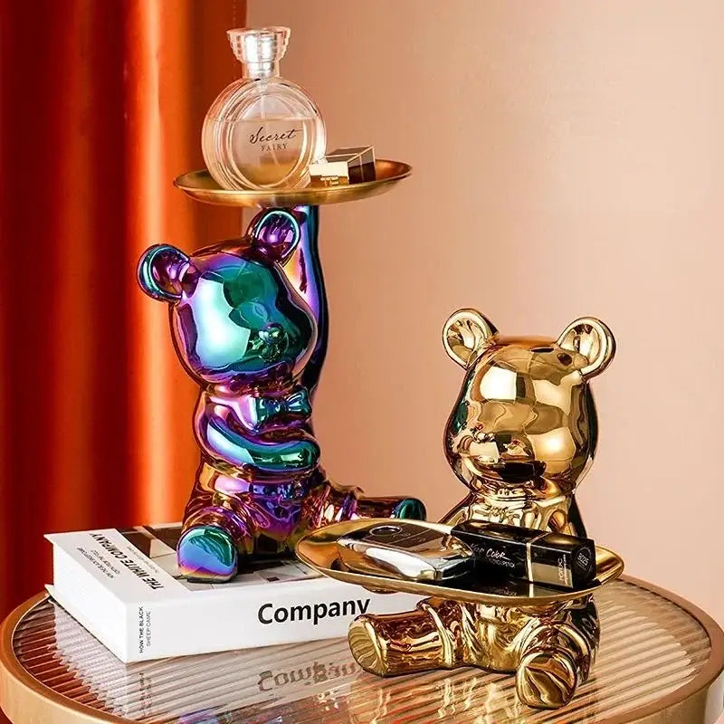Iridescent ceramic decorbites bear doll with glossy rainbow finish and gold tray for bear doll storage and key holding
