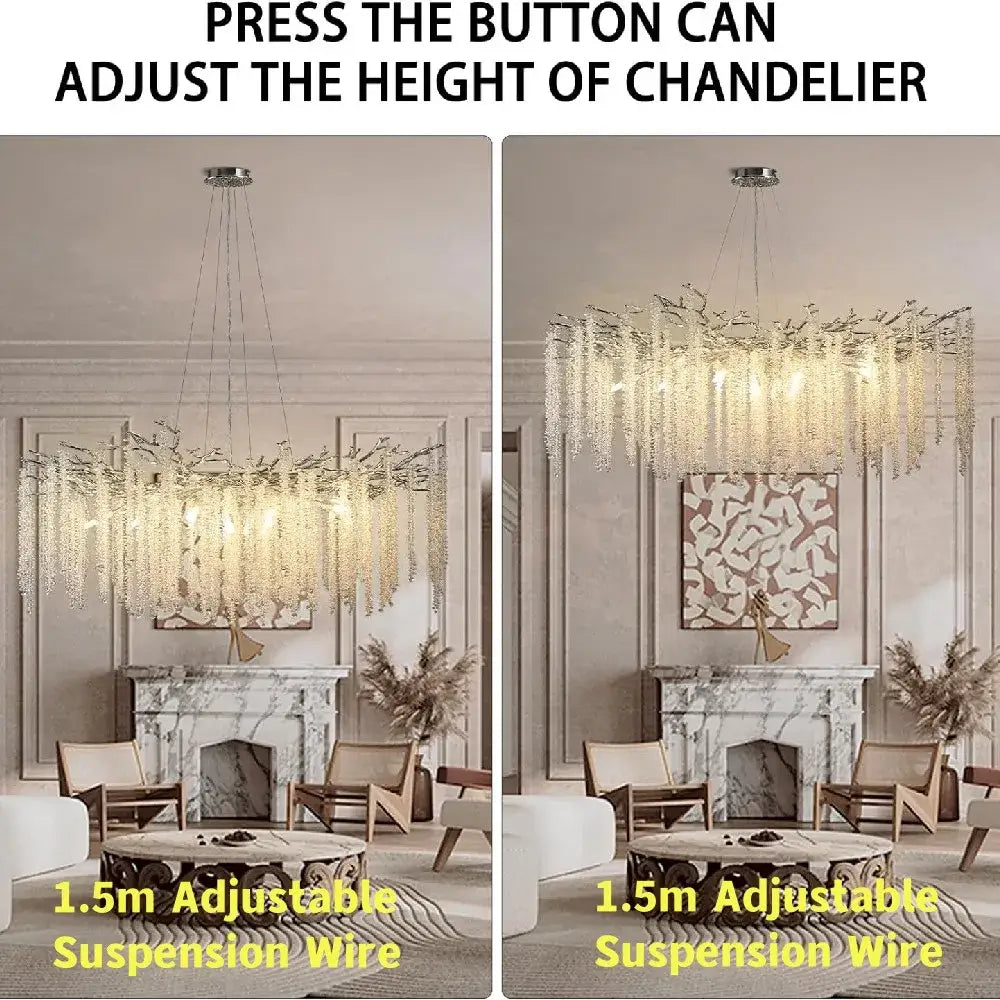 Modern chrome decorbites branch crystal chandelier with adjustable branch design and cascading crystal strands for dining room