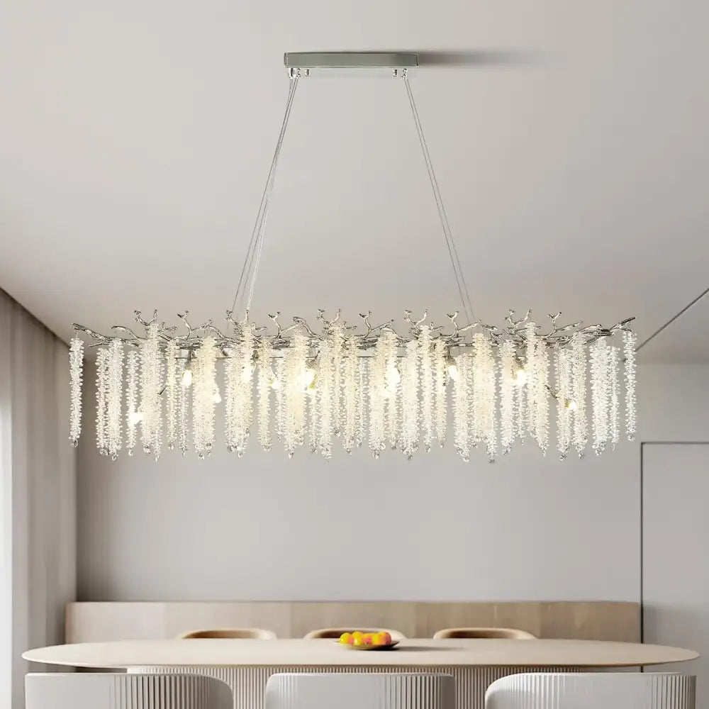Modern chrome decorbites branch crystal chandelier with sleek rectangular frame and clear crystal beads for dining room