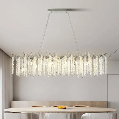 Modern chrome decorbites branch crystal chandelier with sleek rectangular frame and clear crystal beads for dining room