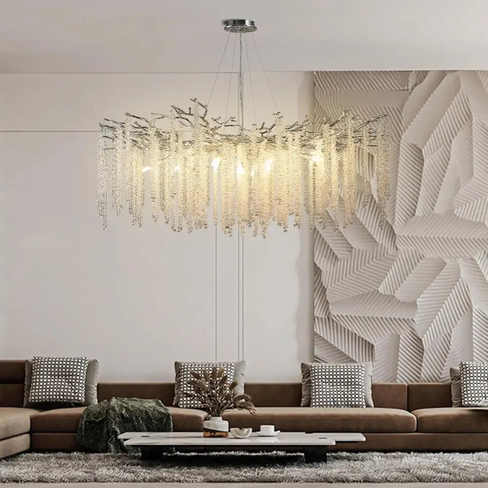 Modern chrome decorbites branch crystal chandelier with silver branch style and cascading crystal droplets for dining room