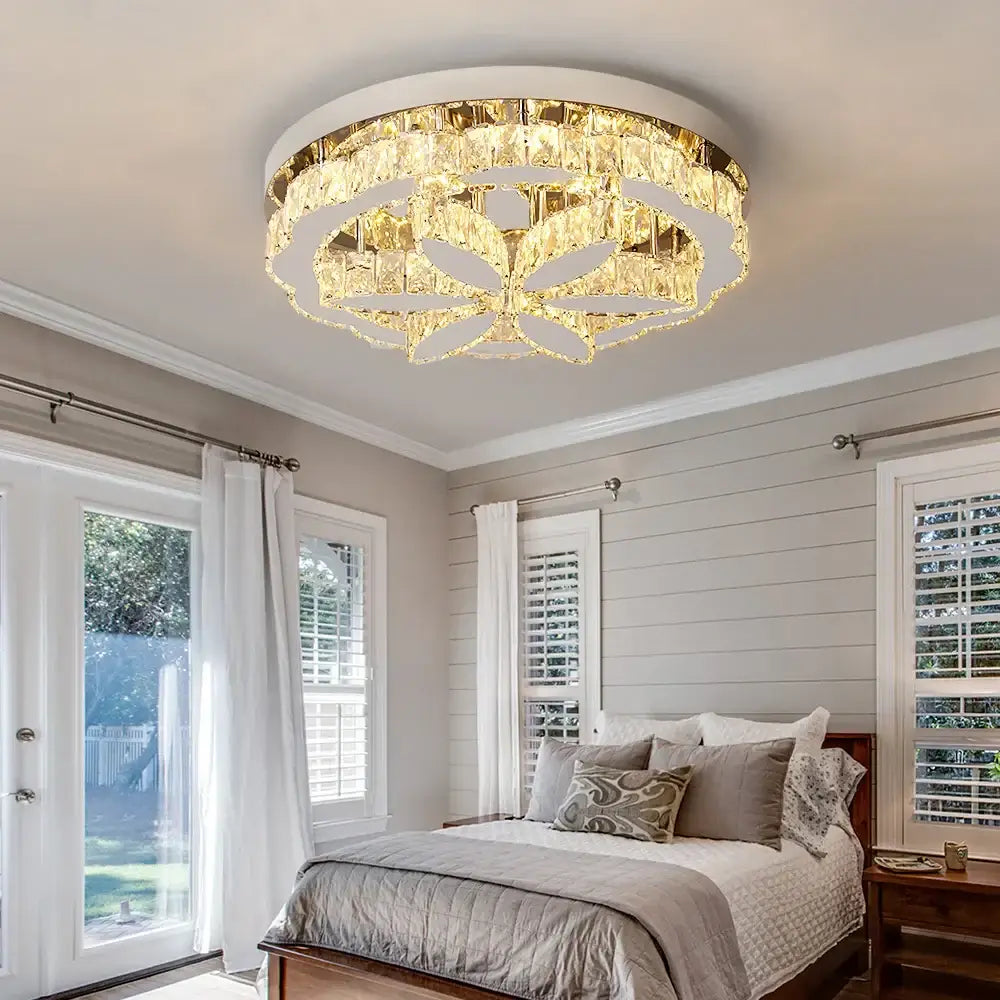 Modern chrome decorbites crystal ceiling chandelier with golden floral crystal tiers and white mounting ring for living room
