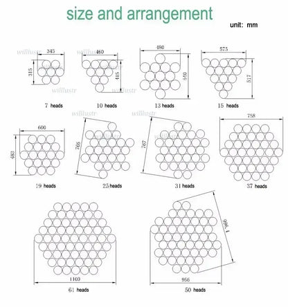 Technical diagrams of modern chrome decorbites crystal glass ball pendant light with circular head configurations and dimensions