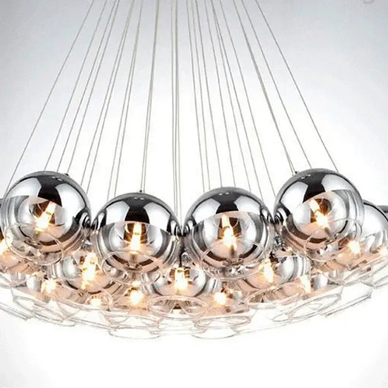 Modern chrome decorbites crystal glass ball pendant light with spherical bulbs suspended by metallic wires for living room