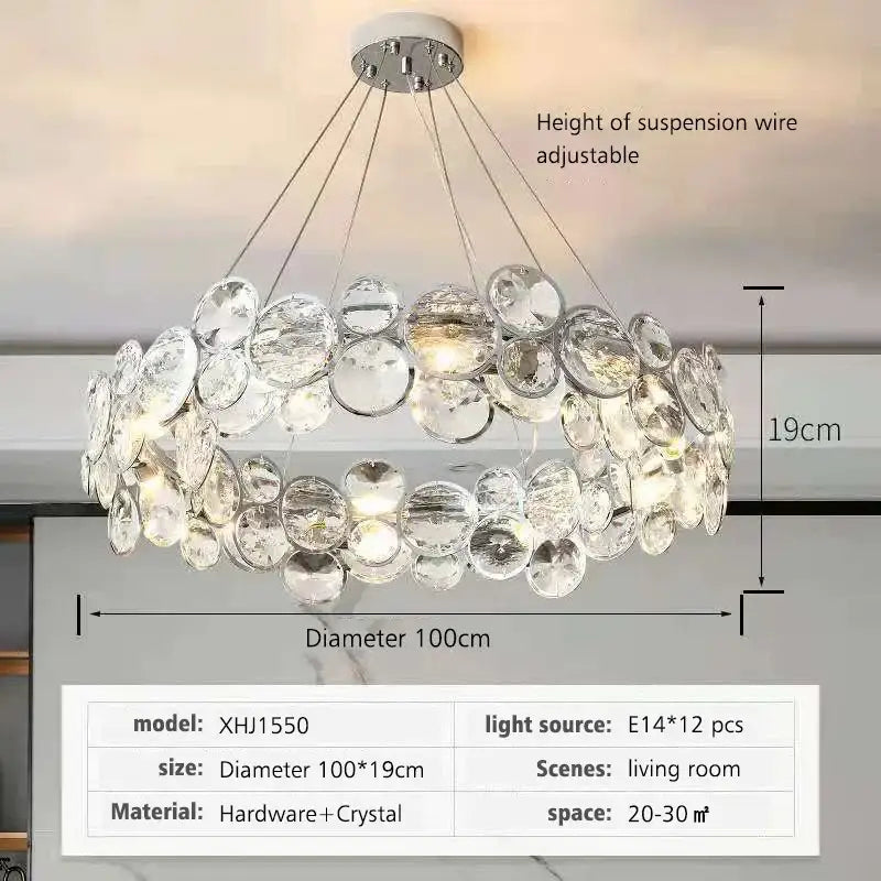 A modern chrome decorbites crystal led chandelier with clear glass discs in circular design for dining room light