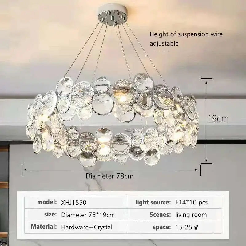 A modern chrome decorbites crystal led chandelier with layered clear crystal discs for dining room lighting