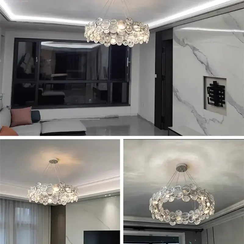 Modern chrome decorbites crystal led chandelier with clear circular glass orbs in a ring for dining room lighting