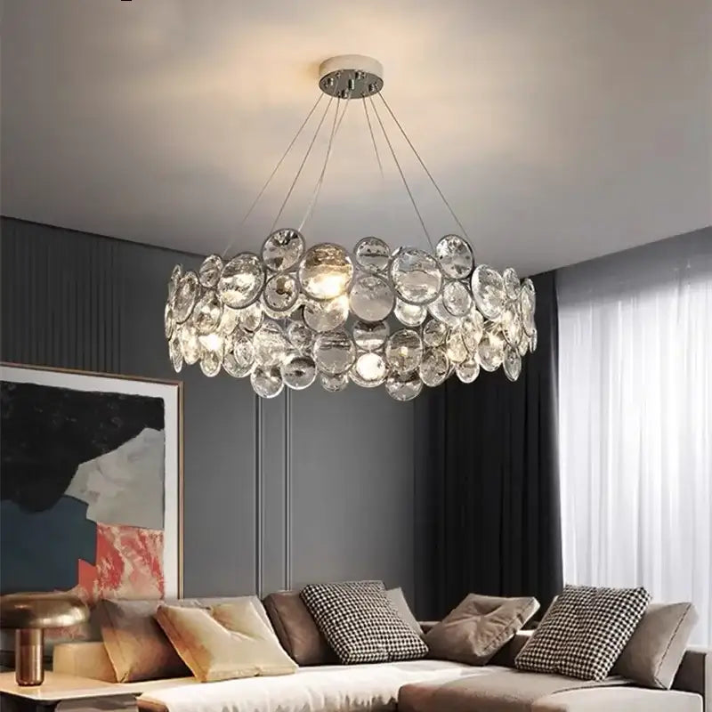 Modern chrome decorbites crystal led chandelier with clear faceted glass orbs in a circular design for dining room lighting