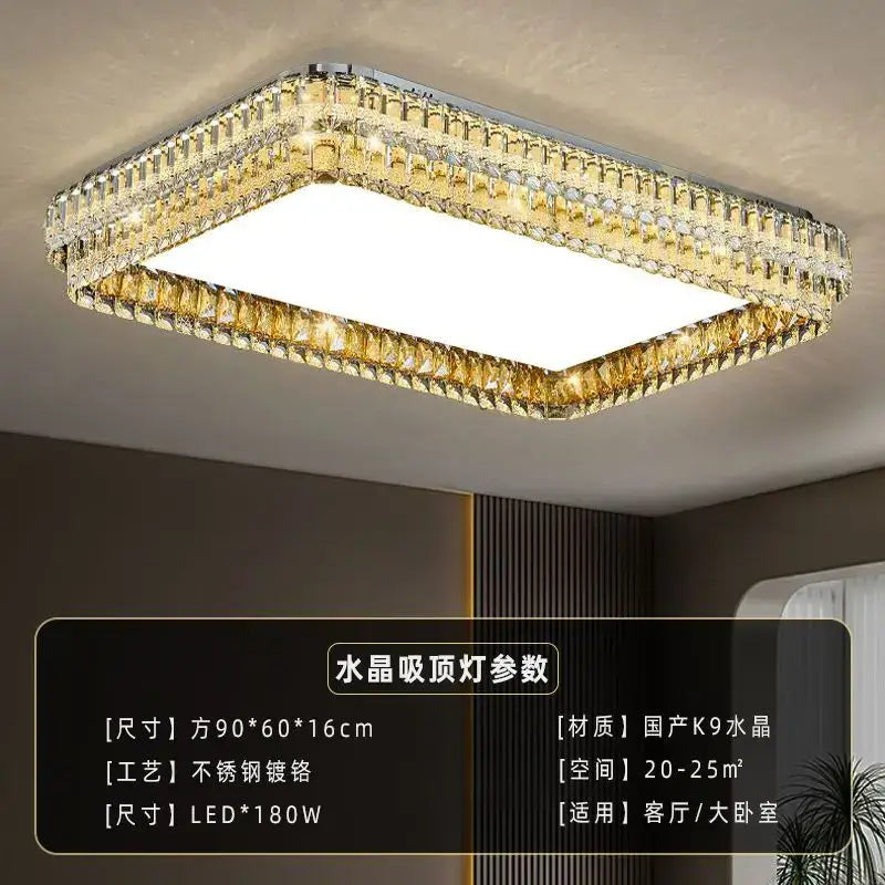 Modern chrome decorbites crystal round led ceiling light with rectangular chrome frame and golden k9 crystals in rows