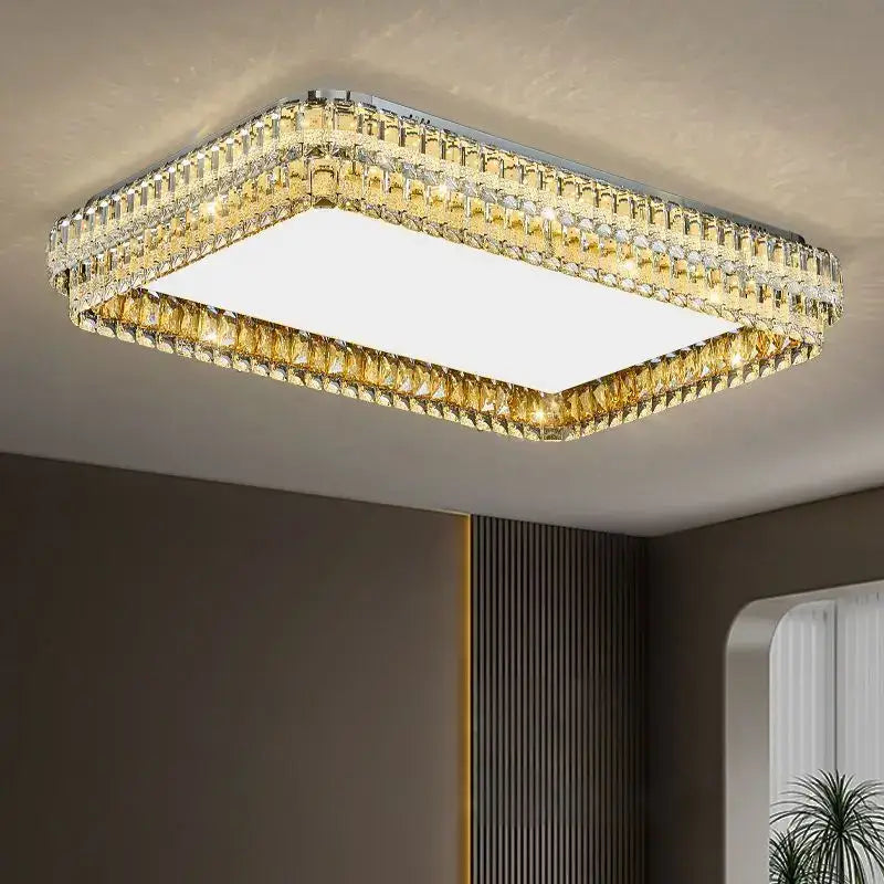 Rectangular modern chrome decorbites crystal round led ceiling light with clear and golden crystal frame for living room