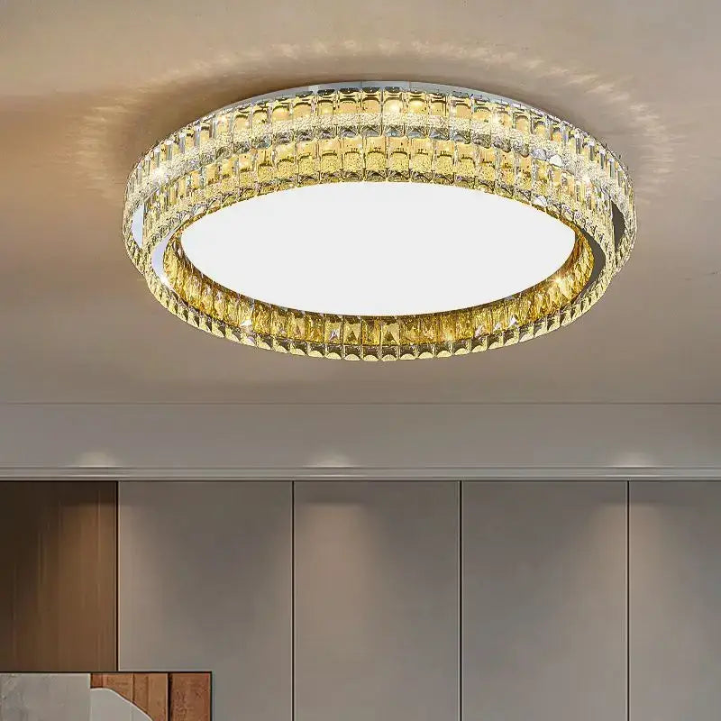 Modern chrome decorbites crystal round led ceiling light with faceted crystal rings and frosted glass panel for living room
