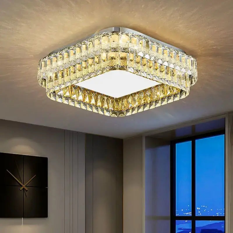 Modern chrome decorbites crystal round ceiling light with clear and gold-toned faceted crystals and led panel