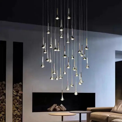 Modern chrome decorbites led studio rain staircase chandelier featuring slender cascading droplets of light for bar lighting