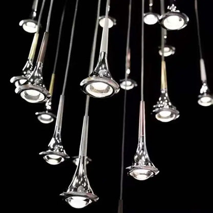 Modern chrome decorbites led studio rain staircase chandelier with trumpet-shaped pendant lights and illuminated bulbs
