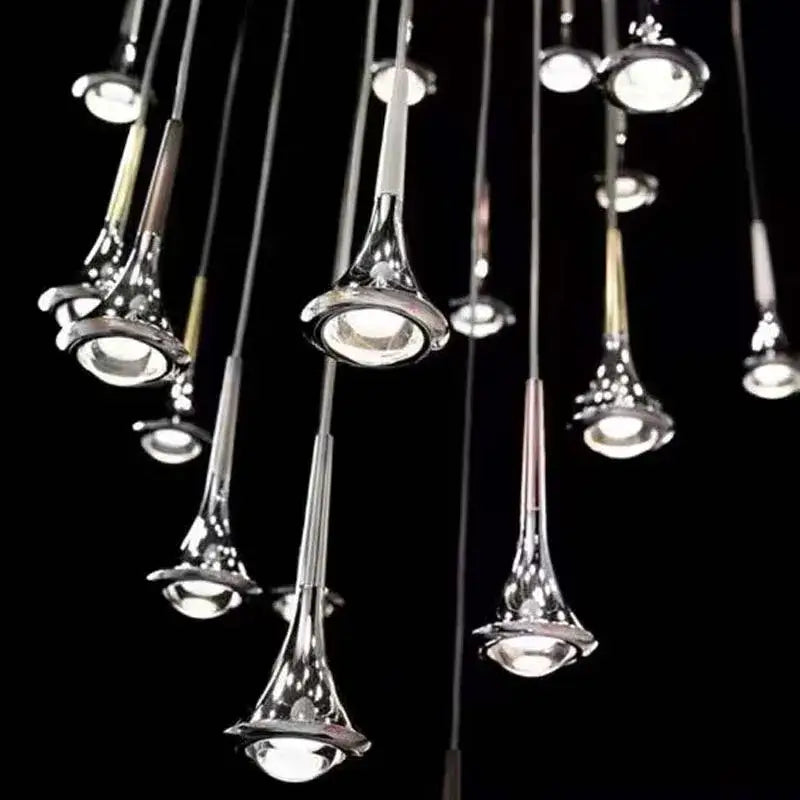 Modern chrome decorbites led studio rain staircase chandelier with trumpet-shaped pendant lights and illuminated bulbs