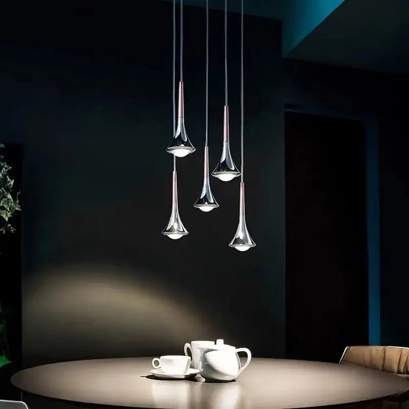 Five chrome-finished pendant lights with trumpet design in decorbites led studio rain staircase chandelier bar light