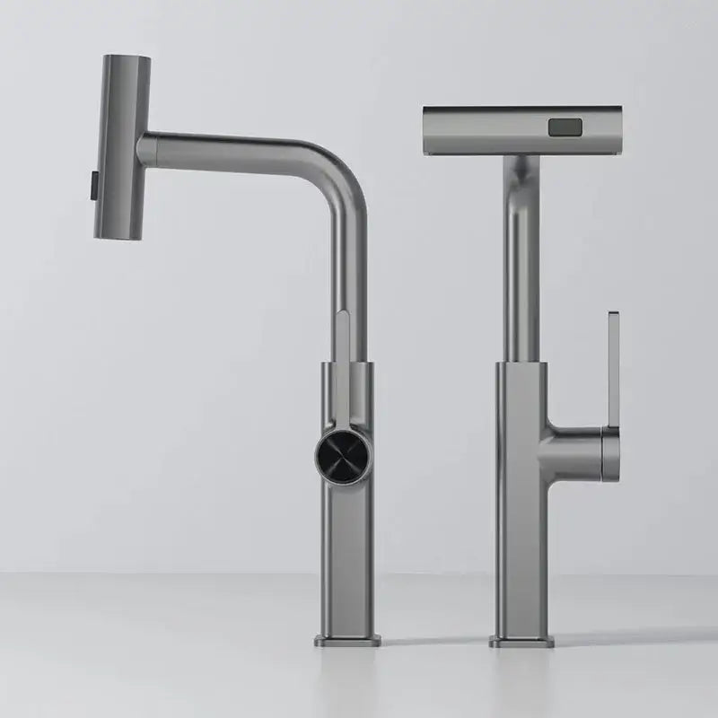 Modern chrome digital display kitchen faucet with pull out sprayer in brushed stainless steel by decorbites digital display
