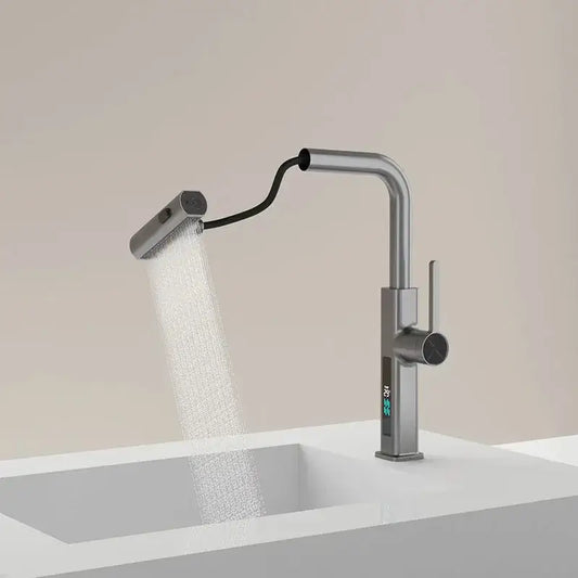 Modern chrome digital display kitchen faucet with sleek curved spout and flexible pull out sprayer by decorbites digital display