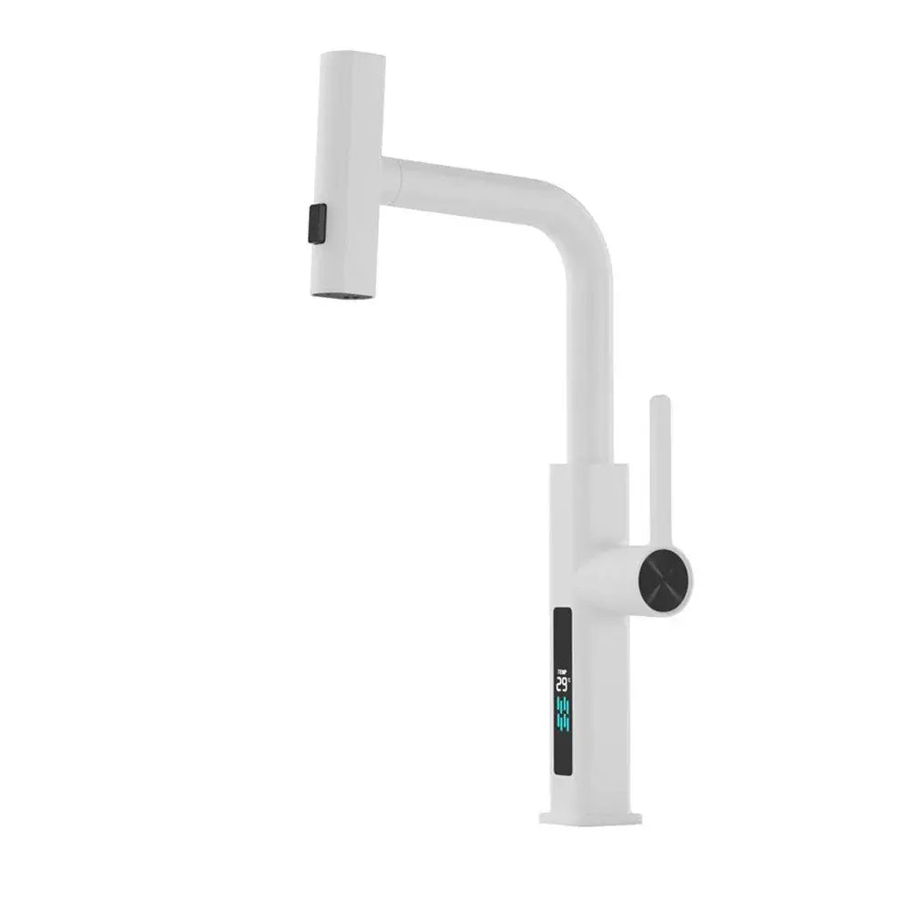 Modern chrome kitchen faucet with pull out sprayer featuring decorbites digital display for temperature and flow rate