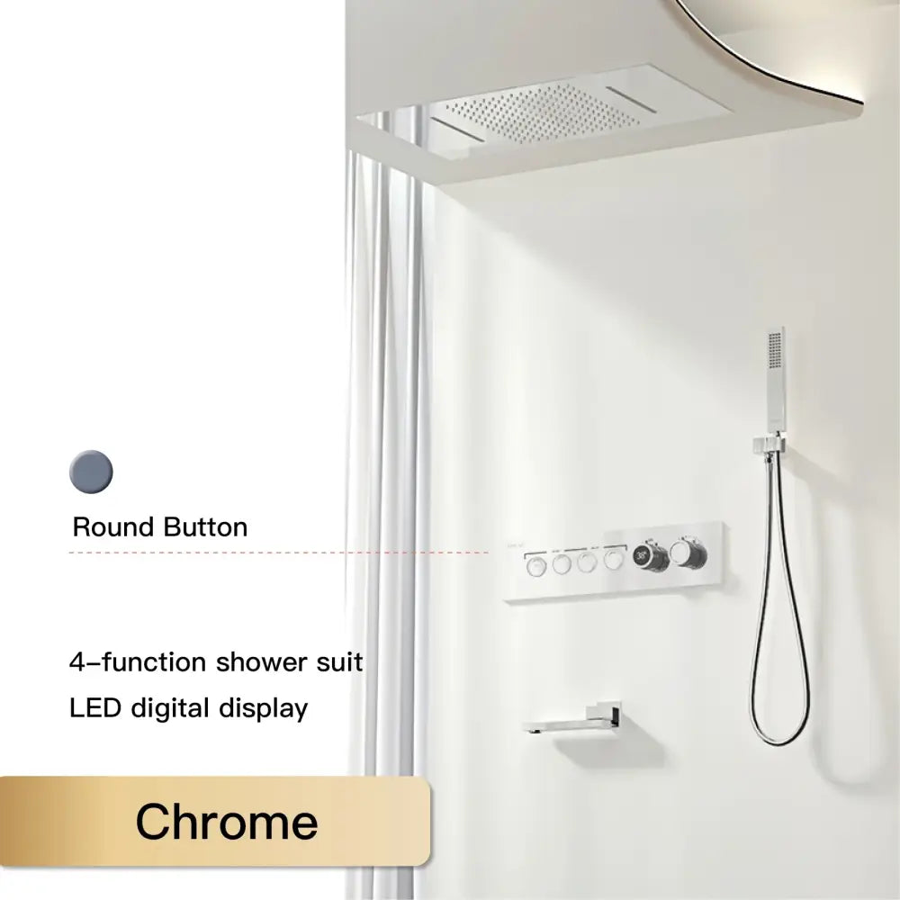 Modern chrome digital rainfall shower system with four function chrome finish led display and round button controls